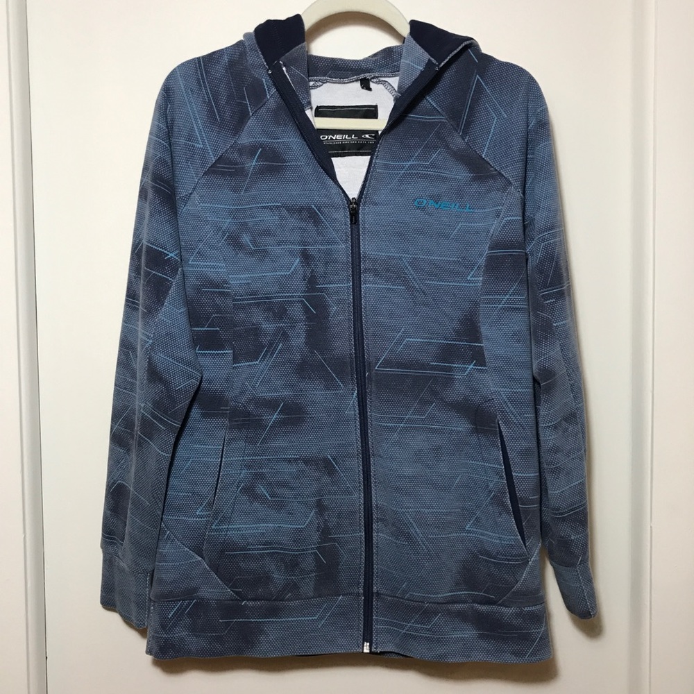 O’Neil cotton blend blue tones w linear details zip front hood sweat jac…